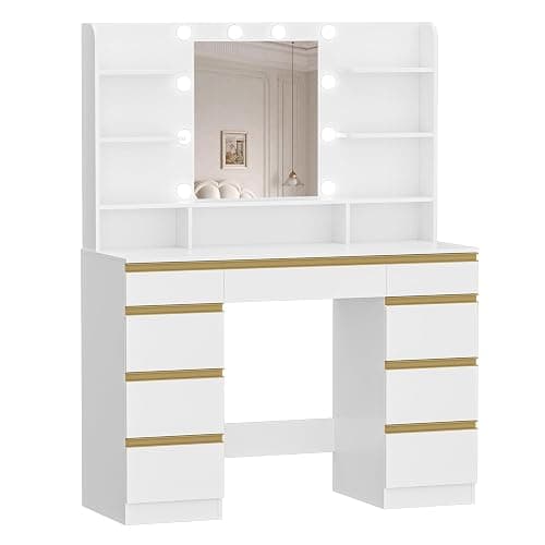 Hzuaneri Toeletta da Trucco con 10 Luce LED, 3 Colori, Luminosità Regolabile, Grande Specchio HD, 1 Cassetto Grande e 8 Cassettiere Piccole, 9 Vani Portaoggetti Aperti, Bianco-Oro DT35703X thumbnail 9