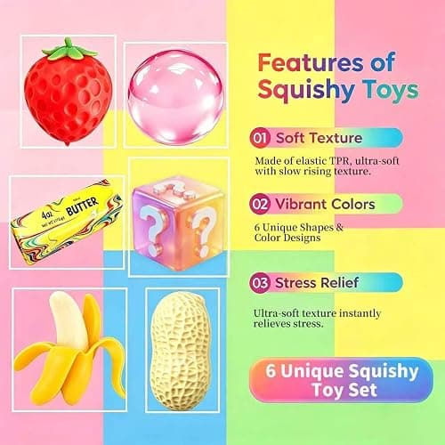 Squishy Toy Pack, Sensory Stress Relief Fidget Toys, Slow Rising TPR, 6 Pack Fun Food Squishy Set, Gifts for Kids and Adults, Birthday Party Favors, Classroom Prizes, Office Desk Decor thumbnail 3