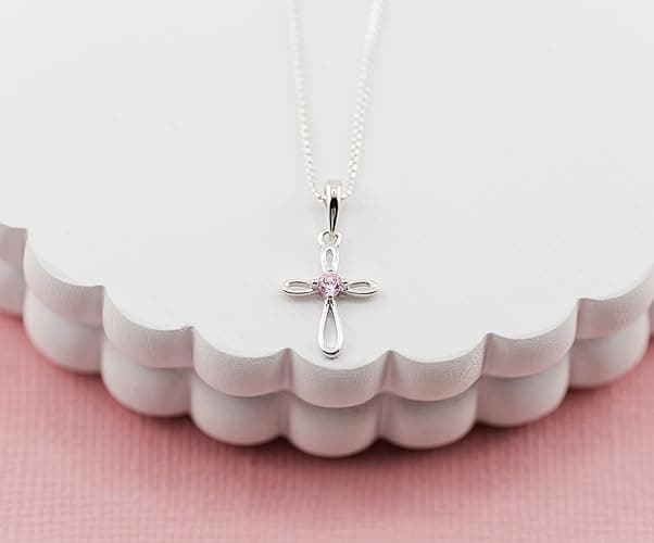 Cherished Moments Girl's Sterling Silver First Communion Infinity Cross Pendant Necklace with CZ - Silver-Pink 14" thumbnail 3