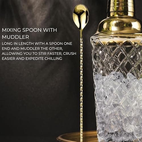 Gold Cocktail Shaker Set - 5 Piece Martini Shaker Set with Strainer, Jigger, Spoon & Muddler - 16oz Glass Cocktail Shaker Set - Ideal Gift for Home Bar & Drink Trolley Décor thumbnail 6