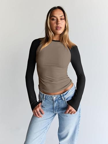 Trendy Queen Women's Long Sleeve Shirts Slim Fit Stretchy Color Block Slightly Cropped Tops thumbnail 2