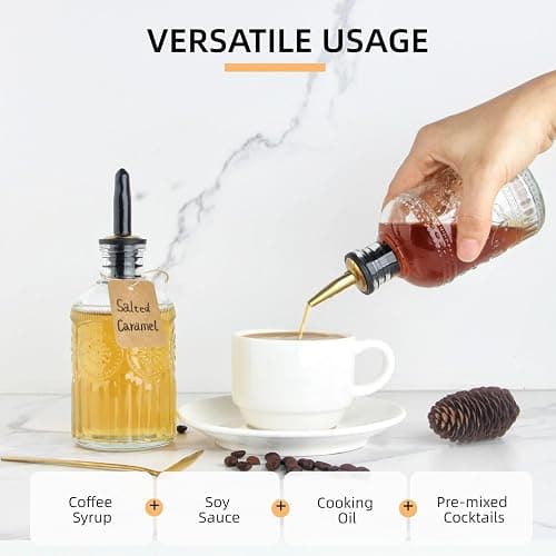 CALFATHN Simple Syrup Bottles Set of 2, Glass Coffee Syrup Dispenser Bottles 7 OZ With Metal Pour Spout, Labels and Stopper, Glass Syrup Dispenser for Maple Honey Syrup Oil and Sauces, LC002 thumbnail 8
