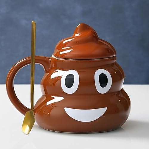 Funny Poop Coffee Mug with Spoon, Ceramic Coffee Cup with Lid and Handle, 400ML Unique Mug for Men, Women, Gifts, Tea, Office Daily Drinking and Friends(Style A) - Image 1