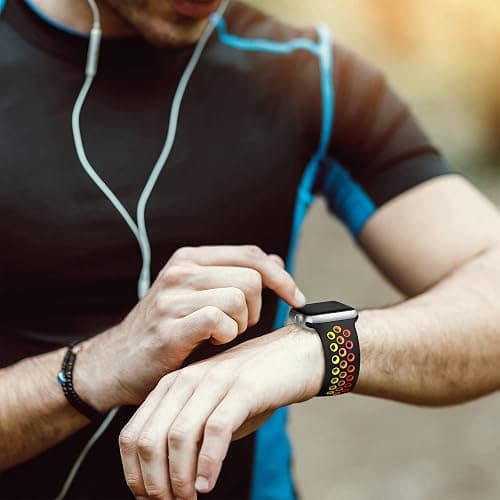 Lerobo Compatible for Apple Watch Band 45mm 44mm 11 10 46mm 42mm 49mm Ultra 3 2,Soft Silicone Sport Bands Wristband Replacement Strap for iWatch SE Series 9 8 7 6 5 4 3 2 1 Women Men,Black/Rainbow,M/L thumbnail 5