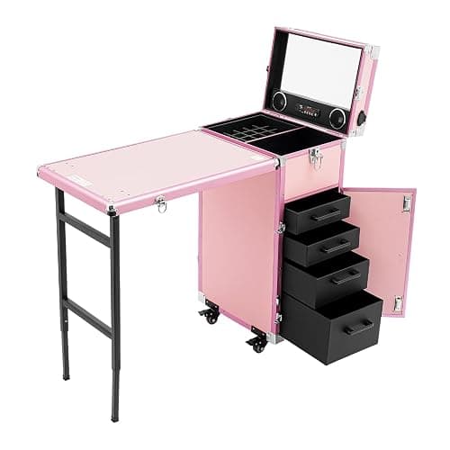 Gbonklong Professional Rolling Makeup Case Foldable Nail Tables Travel Cosmetic Trolley Storage Organizer with 4 Drawers Mirror & Speaker Pink Nail Table Artist Travel Organizer (Pink) - Image 1