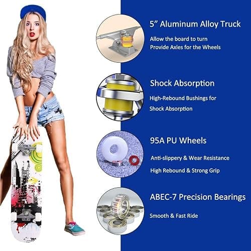 CAPARK Skateboards for Beginners Adults Youths Teens Kids Girls Boys 31 Inch Pro Complete Skate Boards 7 Layer Canadian Maple Double Kick Concave Longboards thumbnail 4