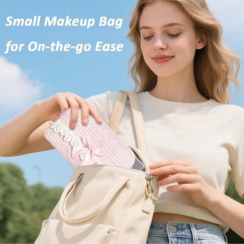Modacarry Small Quilted Makeup Bag Touch-up Pouch Coquette Cosmetic Bag for Women Girls (PINK CHECKERED) thumbnail 7