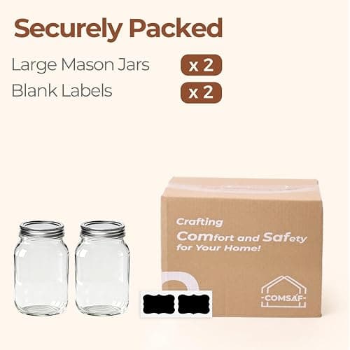ComSaf Wide Mouth Mason Jars 32 oz with Lids 2 Pcs, Quart Mason Jars with Seal Band, Large Glass Jars, Large Canning Containers for Pickles, Jams, Sauces, Salsa, Sourdough, Salad, Suntea, Food Storage thumbnail 8
