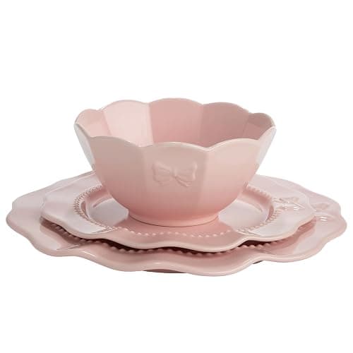 Paris Hilton 12-Piece Dinnerware Set, Embossed Bow Design, Iconic Ceramic Stoneware Service for 4 with Dinner Plates, Salad Plates, and Bowls, Microwave & Dishwasher Safe, Pink thumbnail 7