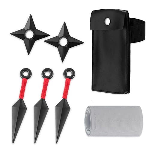 OOHGLITZ 7-Piece Anime Cosplay Kit, ABS Plastic Ninja Kunai (5.1") Throwing Stars/Shuriken(3.5") Toy Set with Pouch and Bandage for Anime Fans, Martial Arts Props Black - Image 1