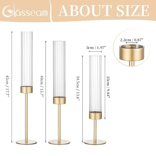 Gold Hurricane Taper Candle Holders: Glasseam 3Pcs Brass Candlestick Holders with Ribbed Glass Cylinder Cover Fluted Tall Candle Sticks Holder Decor for Table Centerpiece Wedding Christmas Decorations thumbnail 3