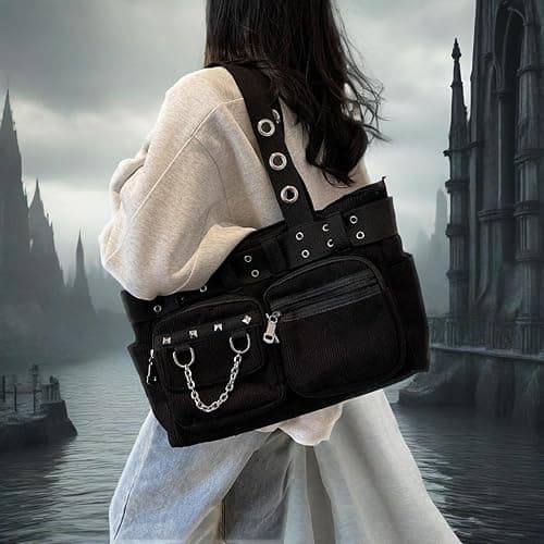 Ecohaso Tote Bag for Women, Corduroy Gothic Purse Goth Bag with Zipper for College, Work, Travel, Gym thumbnail 7