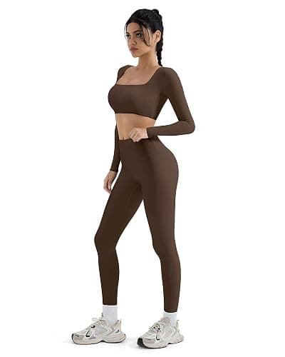 SUUKSESS Women 2 Piece Workout Sets Compression Tummy Control Leggings with Pockets Long Sleeve Square Neck Padded Crop Tops thumbnail 4