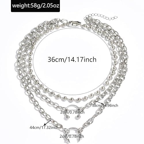 FAJYXTZF Silver Layered Chain Choker Necklace for Women, Punk Y2K Multi-Strand Ball Bead Chain with Pendant, Gothic Statement Jewelry Gift thumbnail 5
