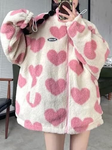 Sumleno Women's Fleece Sherpa Jackets Reversible Kawaii Heart Print Fuzzy Zip Up Cutecore Coats Aesthetic Y2k Gyaru Clothes thumbnail 4