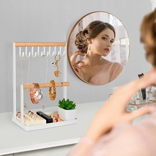 Jewelry Stand with Velvet Ring Holder, 3 Tier Necklace Hanging Wooden Ring Organizer Earring Tray, 8 Hooks Storage Necklaces, Bracelets, Rings and Watches on Desk Tabletop -White thumbnail 6