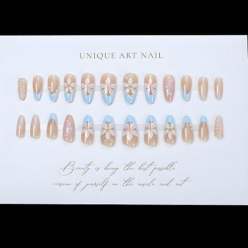 LPOODDNU Almond Flower Pearl Press on Nails - Medium 3D Fake Nails with French Tip Designs, Glossy Finished Reusable False Nails with Double Adhesive Glue Tabs - 24Pcs Nail Kit for Women Manicure thumbnail 5