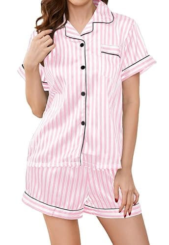 DingCo Women's Silk Pajamas - Button Up Satin PJs with Notch Collar - 2 Piece Satin Pajamas Set - Image 1