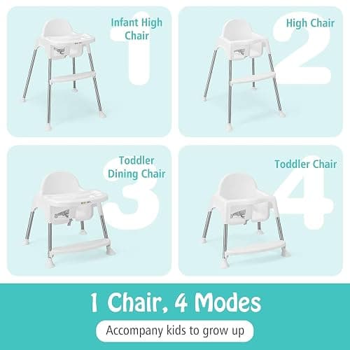 HONEY JOY Baby High Chair, 4 in 1 Convertible Highchair for Babies and Toddlers, Adjustable Legs, Double Removable Tray & Footrest, 3-Point Safety Harness for Infants Boys Girls (White) thumbnail 9