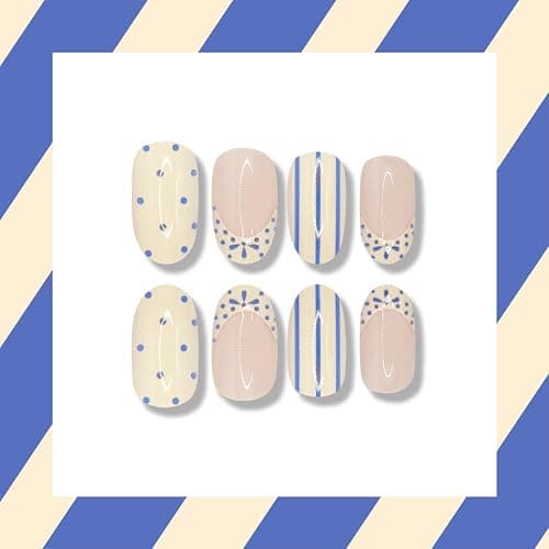 White French Tip Press on Nails Short Almond Fake Nails witn Blue Polka Dot Stripe Design Spring Summer False Nails Press ons Glossy Full Cover Glue on Nails for Women Girls Manicure Decorations thumbnail 3