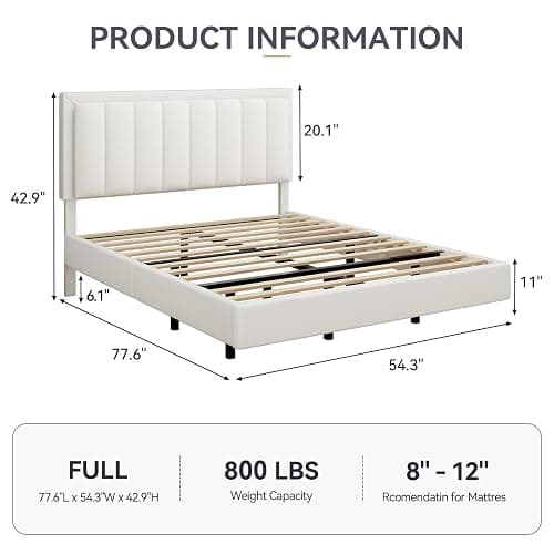 IMMERSTABLE Full Size Floating Bed Frame with LED Lights, Upholstered Platform Bed with Headboard, 11 in Storage Clearance, Solid Wood Slats, No Box Spring Needed, Easy Assembly, White thumbnail 2