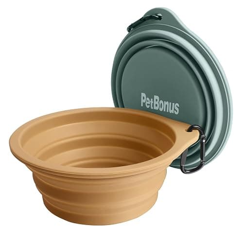 PetBonus 2-Pack Silicone Collapsible Dog Bowls, BPA Free Dishwasher Safe, Portable Foldable Expandable Travel Bowl, Food Water Feeding Cup Dish for Dogs Cats with 2 Carabiners (Turquoise, Tan) thumbnail 7