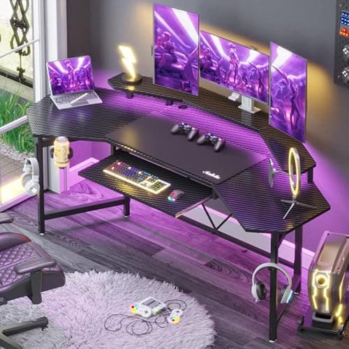 Sedeta Gaming Table with LED Lights, L-Shaped Keyboard Tray & Monitor Stand, Headphone Hooks, Cup Holder, Black - Image 1