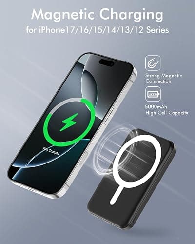 podoru for Magsafe Battery Pack, 5000mAh Magnetic Power Bank with Type-C Cable 20W PD Fast Charging Lighting Input Wireless Portable Charger for iPhone 17/16/15/14/13/12/ All Series-Black thumbnail 3