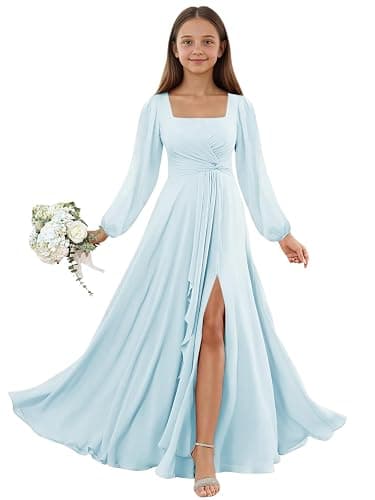 EVASIE Junior Bridesmaid Dresses Long Sleeve Chiffon Flower Girl Dress with Slit Square Neck Kids Prom Party Dress thumbnail 4