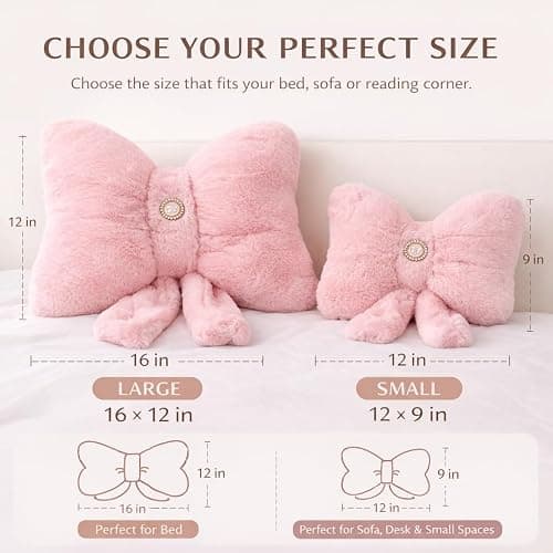 Pink Bow Pillow 12x9 Inch, Cute Plush Accent Pillow, Coquette Room Decor | 3D Bow Design; Soft Plush Material Decorative Accent Pillow; Back Strap with Snap Closure Coquette Room Decor for Teen Girls thumbnail 3