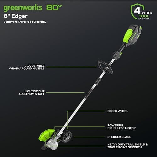 Greenworks 80V All-Terrain Brushless Edger, 8" Steel Blade, 2.25" Pro Depth & Tool-Free Adjust, 27cc Gas Power Equivalent, Battery and Charger Not Included thumbnail 2
