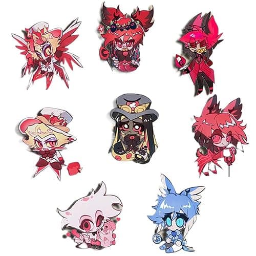 Hazbins Alastor Hotel Badge, 8 Pieces Angel Dust Alastor Vaggie Hust Figure Brooch, Cute Cartoon Pins Toys, Acrylic Badge, Angel Cosplay Props Set - Image 1