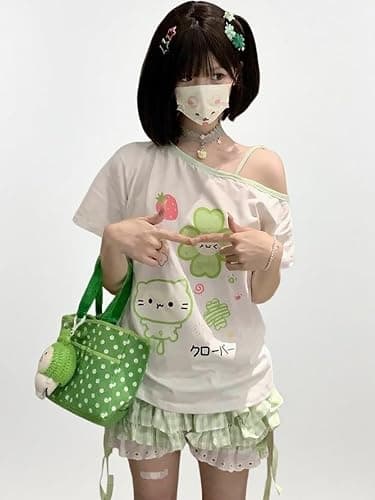 Y2K Harajuku Cartoon Print T-Shirts Gothic Women Cutecore Shirt Fashion Off Shoulder T Shirt Kawaii Sweet Girls Tees Tops thumbnail 4