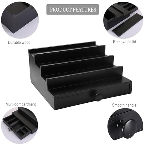 Fengligoo Black Cologne Organizer for Men - 4 Tier Wooden Perfume Display Stand with Drawer and Hidden Compartment for Organizing and Storing, Cologne Holder Shelf for Dresser thumbnail 6