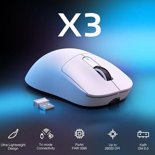 ATTACK SHARK X3 Wireless Gaming Mouse, 49g Ergonomic Computer Mouse, Triple Modes PAW3395 26K DPI Optical Sensor, 200h Battery Life, Programmable Buttons, Gaming Accessories for PC/Laptop/Mac (White) thumbnail 2