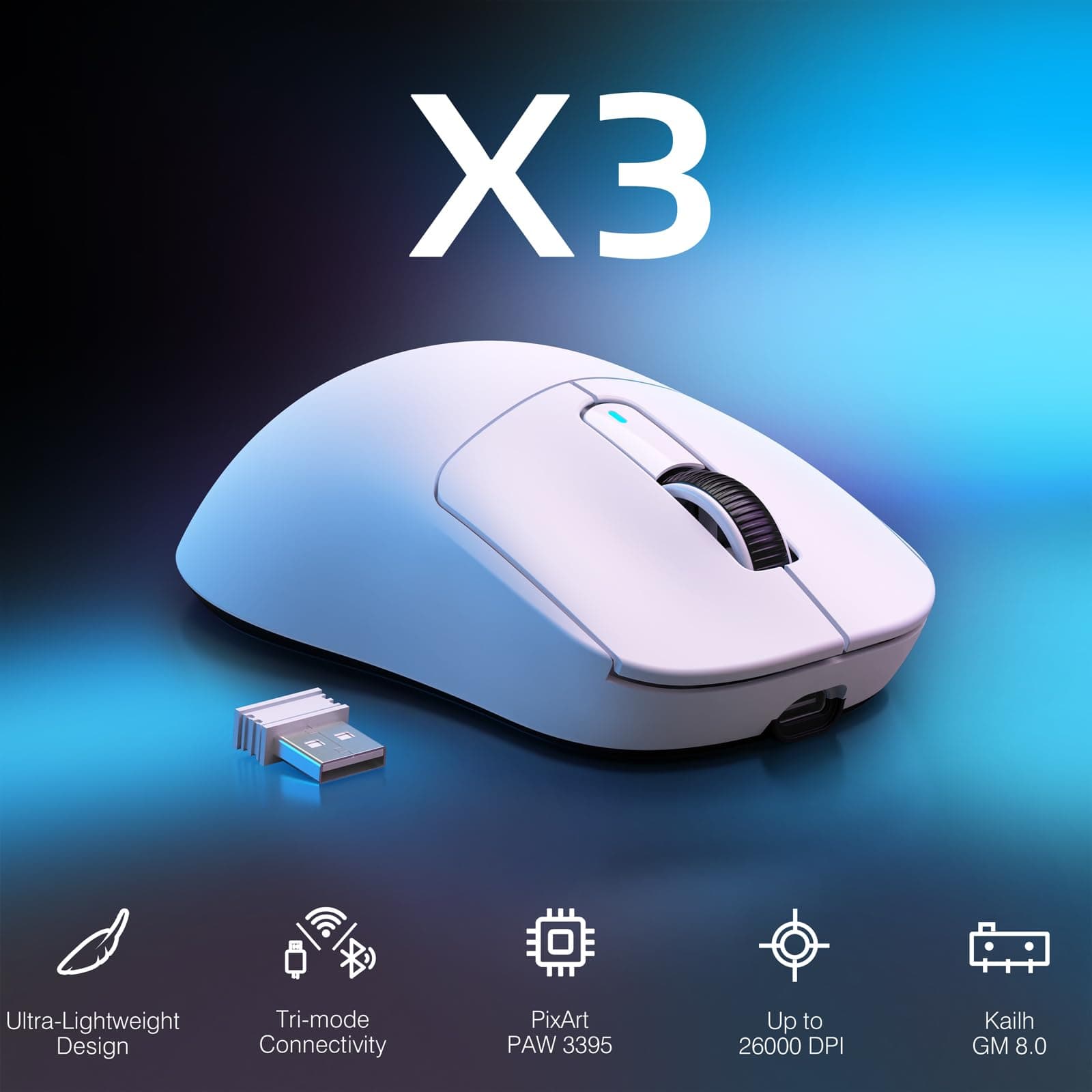 ATTACK SHARK X3 Lightweight Wireless Gaming Mouse with Tri-Mode 2.4G/USB-C Wired/Bluetooth,26K DPI, PAW3395 Optical Sensor,Kailh GM8.0 Switch,5 programmable Buttons for PC/Win/Mac(White) thumbnail 2