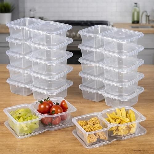 Sxueg Snack Containers with Lids, Thick 8 oz Small Plastic Snack Boxes 2 Compartments for Portion Control and Meal Prep Lunch Food Sauce Containers for On-the-Go Meal, Camping, Travel, Office, 12 Sets - Image 1