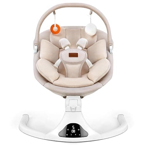 Baby Swing, Electric Infant Swing with Remote Control, 5 Speed Adjustable, Machine Washable Cushion, 5 Point Safety Harness, Bluetooth Music, Portable Baby Swing (Beige) - Image 1
