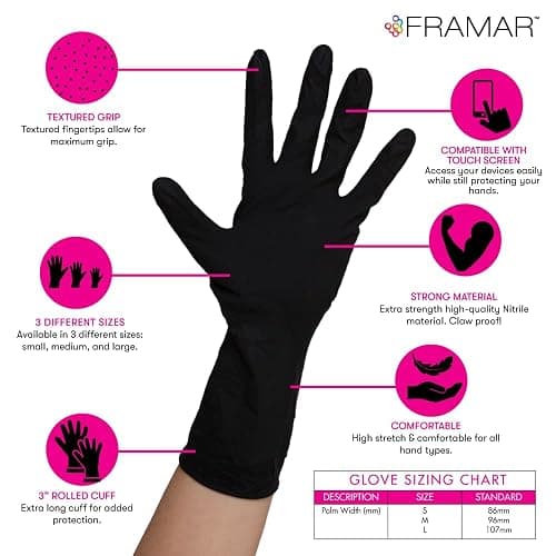 FRAMAR Powder Free Nitrile Gloves Medium – 12 INCH Black Gloves Disposable Latex Free, Guantes De Nitrile, For Hair Dye, Cleaning, Tattoo – Extra Durable & Resistant – 100 Pack thumbnail 2