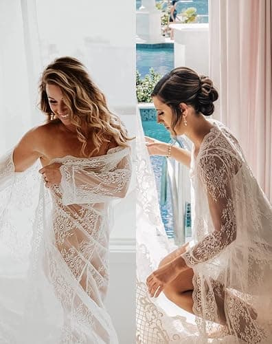 BUTTZO Women Sexy Long Lace Dress Sheer Gown See Through Lingerie Kimono Robe Swimsuit Cover Up thumbnail 6