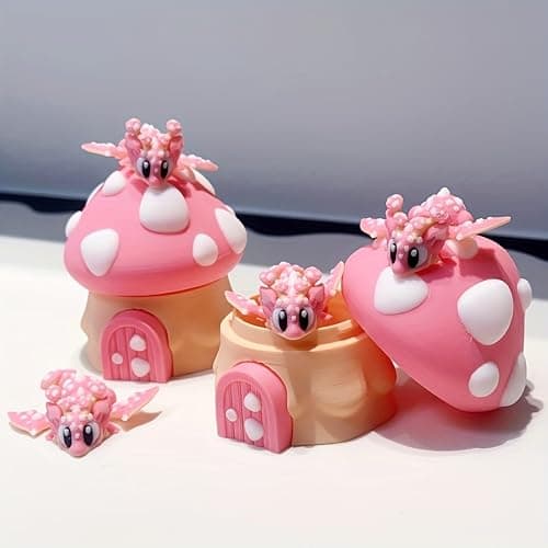 3D Printed Cute Mushroom House + Mushroom Dragon Toy Set,Cute Figurine Desktop Decorative Sculpture Ornament (Pink) thumbnail 2