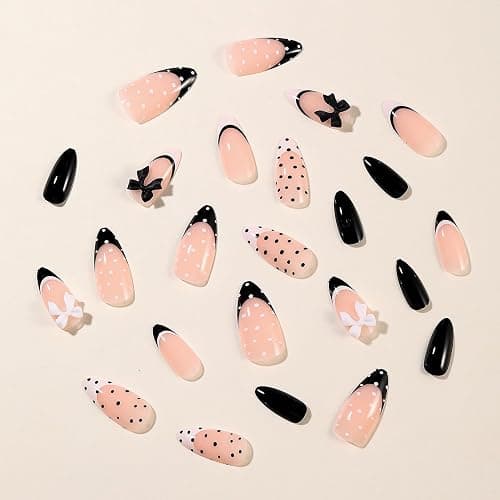 MISUD Press on Nails - Medium Almond Fake Nails with Polka Dot, Acrylic Black White Bow Design 24 pcs thumbnail 3