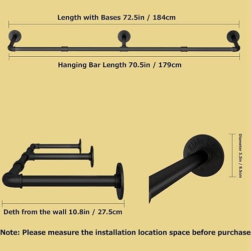 UlSpeed Wall Mounted Clothes Rack 72.5in, Industrial Pipe Clothing Racks Wall Mount, Heavy Duty Detachable Iron Garment Bar, Saving Space, Multi-Purpose Hanging Rod for Bedroom, Laundry Room, 1 Pack thumbnail 3