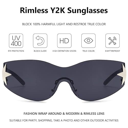 Rimless Y2K Sunglasses for Women Men Wrap Around Fashion Sunglasses Oversized Frameless Trendy Sun Glasses thumbnail 3