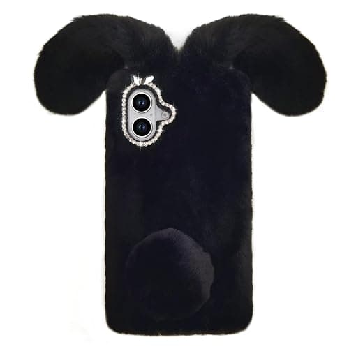 Bonitec Compatible with iPhone 16 Faux Rabbit Case, Bling Fur Case For Girls Luxury Cute Warm Handmade Faux Rabbit Bunny Furry Fuzzy Fluffy Soft 3D Ear Hair Plush Protective Case Cover for Women - Image 1