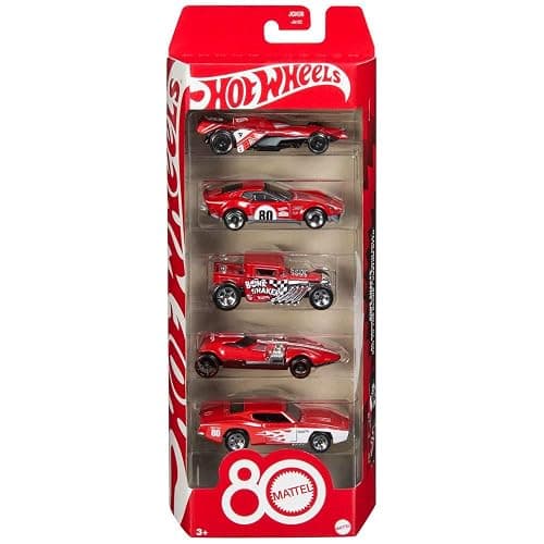 Hot Wheels Toy Cars, 5-Pack of 1:64 Scale Toy Cars with Collectible Deco & Packaging, Core Mattel 80th Anniversary Set of 5 Vehicles - Image 1