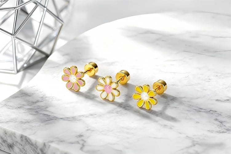 Onnzin Titanium Daisy Flower Earrings,Hypoallergenic Earrings for Sensitive Ears,Pure Titanium Implant Grade Stud Screw Back Girls Women Teen 7mm thumbnail 6
