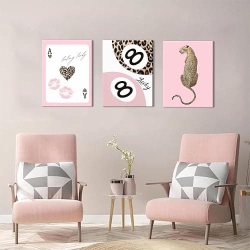Trendy Leopard Canvas Wall Art Set of 3 - Pink Cheetah Prints Wall Decor Pictures, Funky Lucky You 8 Ball Poster Preppy Aesthetic Paintings, for Girls Bedroom Dorm Apartment 12x16 inch Framed thumbnail 7
