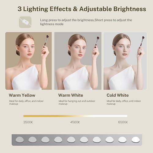 TEENFON Vanity Desk with Mirror & Lights, Makeup Vanity with 6 Shelves, Dressing Table with 2 Drawers, 3 Color Light Adjustable for Bedroom, Modern, White thumbnail 6