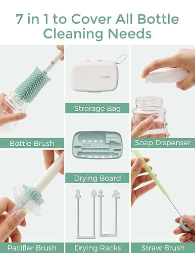 Momcozy Bottle Brush Set - Baby Bottle Cleaner Kit with Silicone Brush, Nipple Brush, Straw Brush, Soap Dispenser, Drying Rack - 7 in 1 Bottle Cleaning Tool for Home and Travel, Green thumbnail 6
